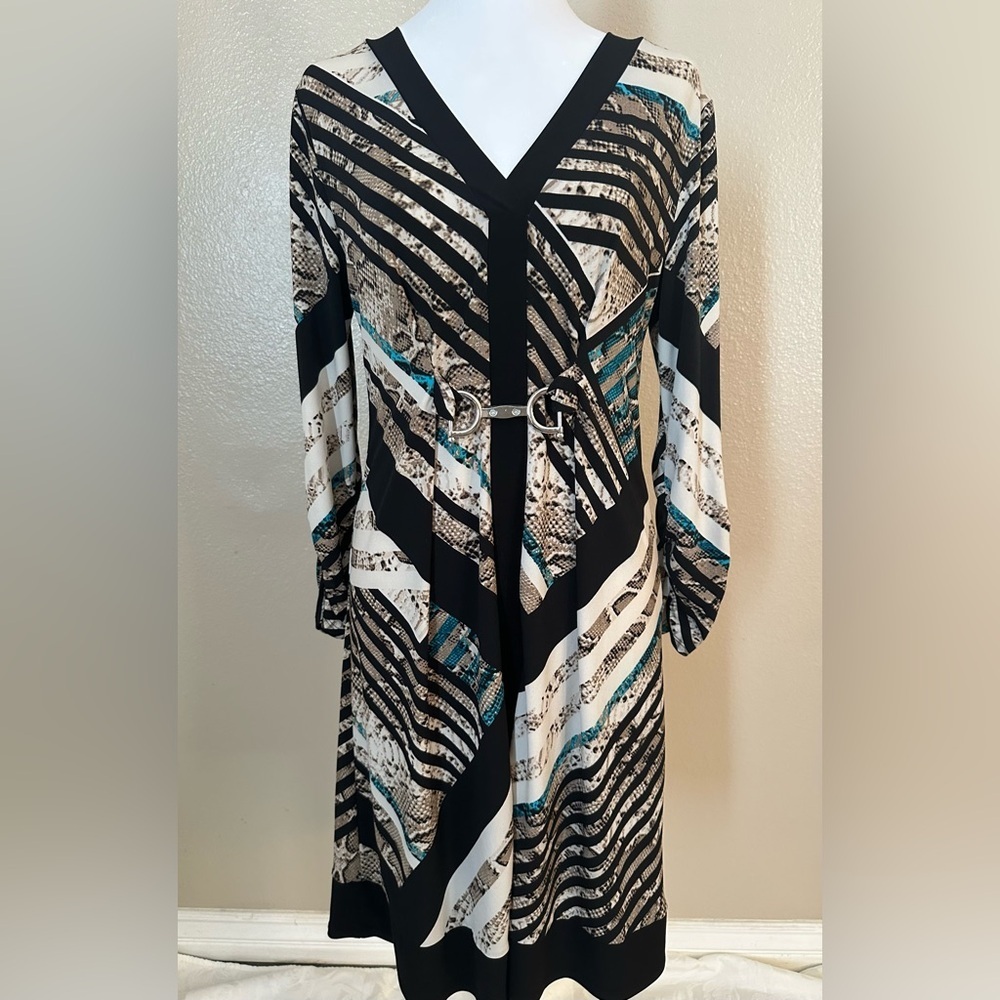 Alfani Black, Beige and Teal Long Sleeve Dress